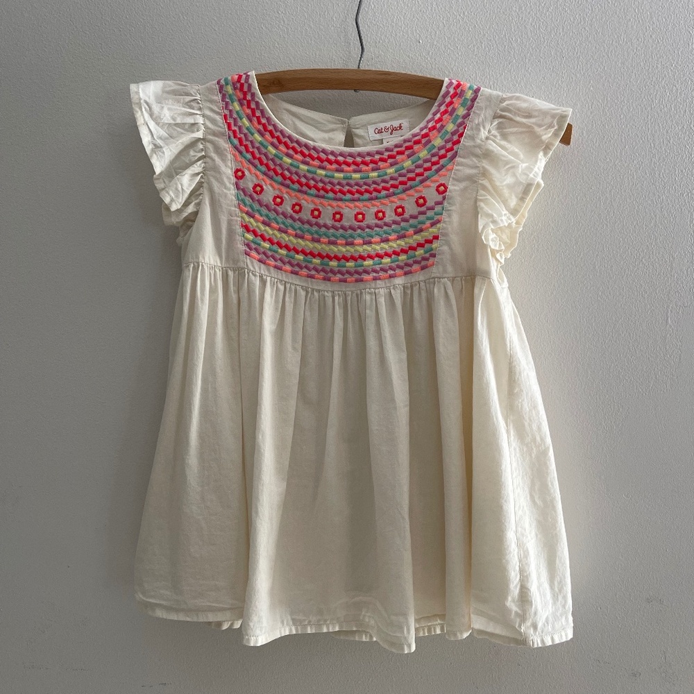 Cat & Jack Ivory Neon Embroidered Babydoll Top Swing Boho Girls M (7/8) Summer
